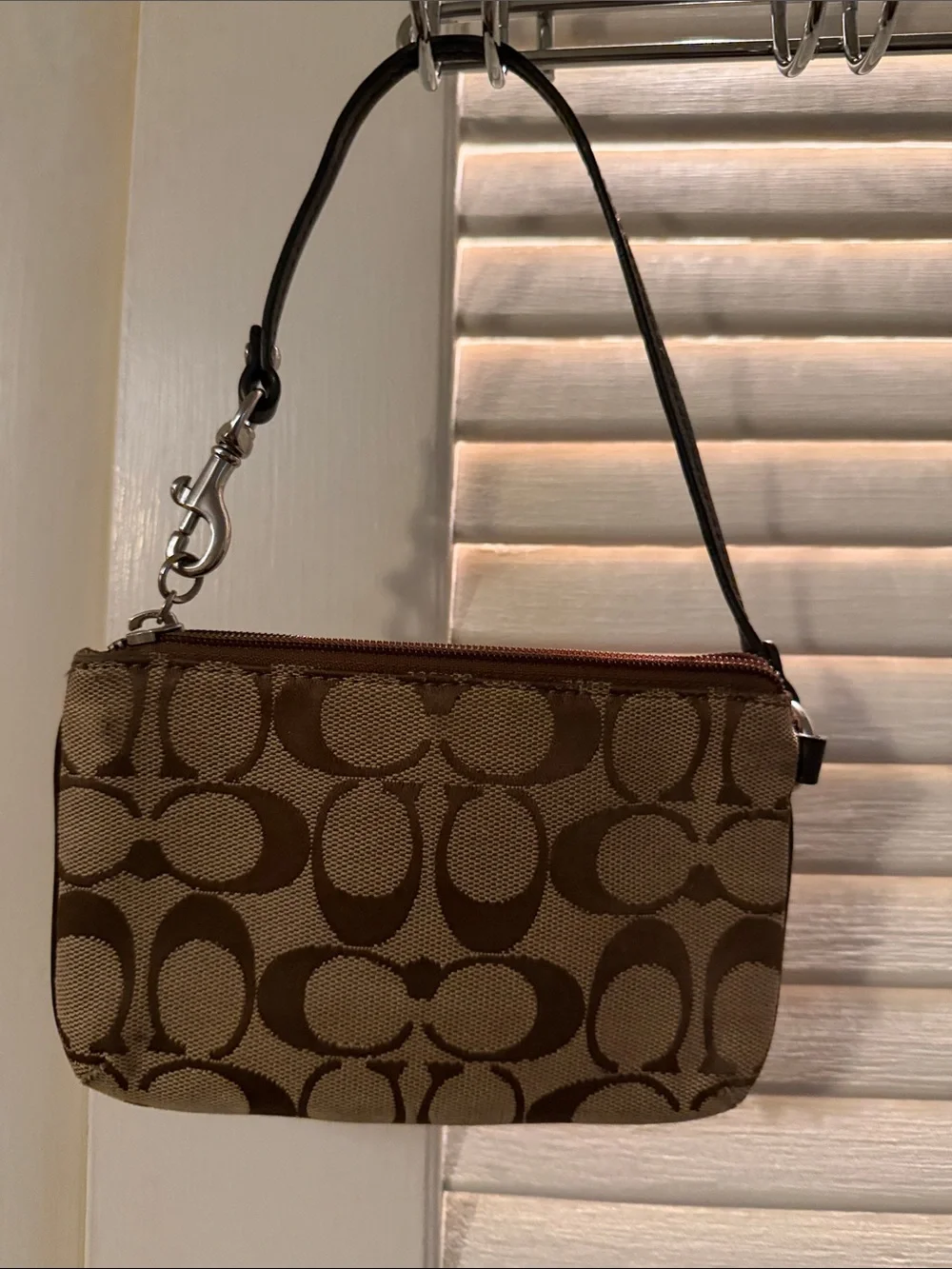 Coach Brown Signature Jacquard Wristlet with Dark Brown Leather Accent